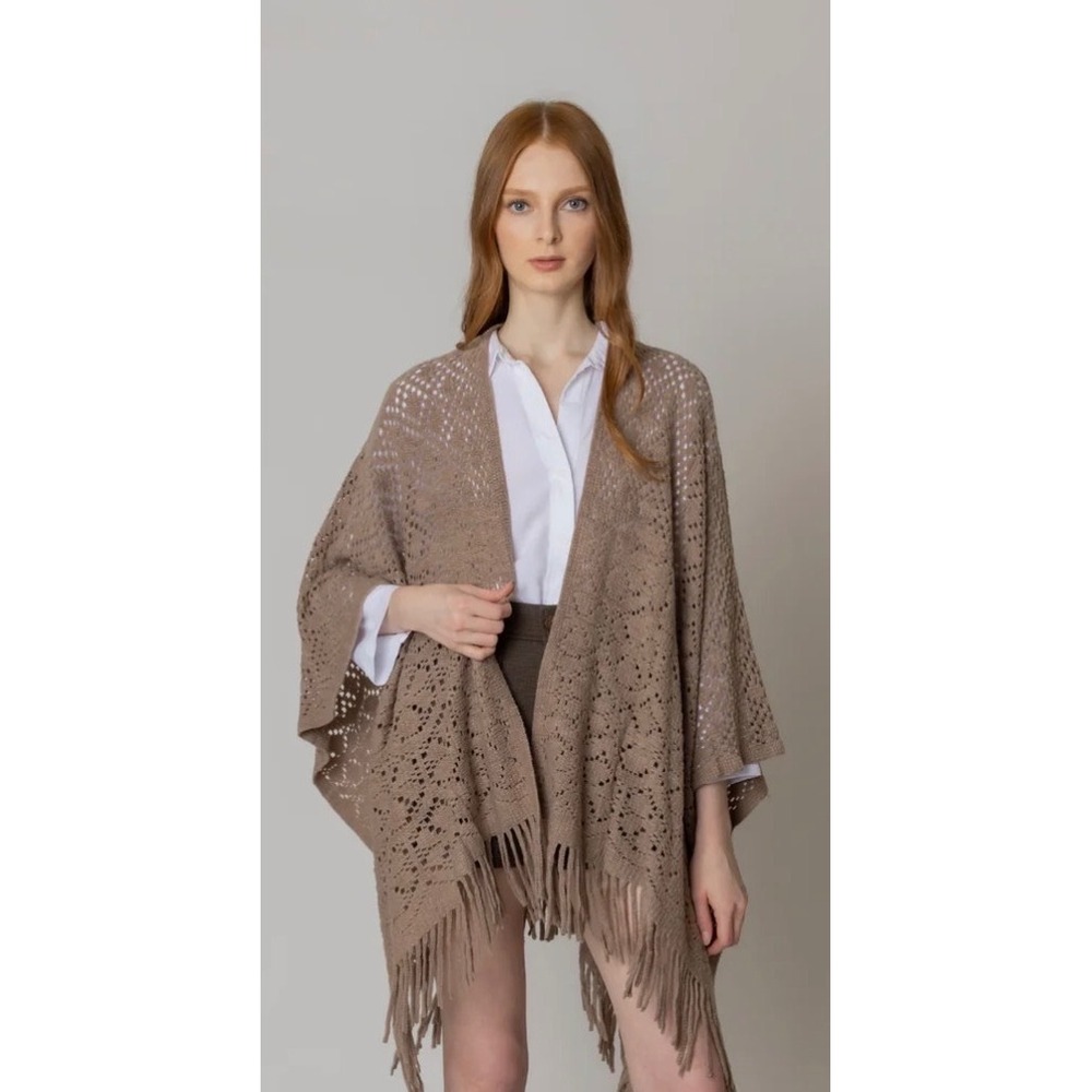 Do Everything in Love Open-Front Crochet Fringe Poncho in beige